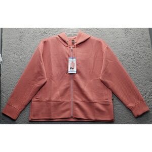 DKNY Hooded Jacket Women L Pink Ribbed Soft Ottoman Tech Pockets Zip Up DPMJ9667